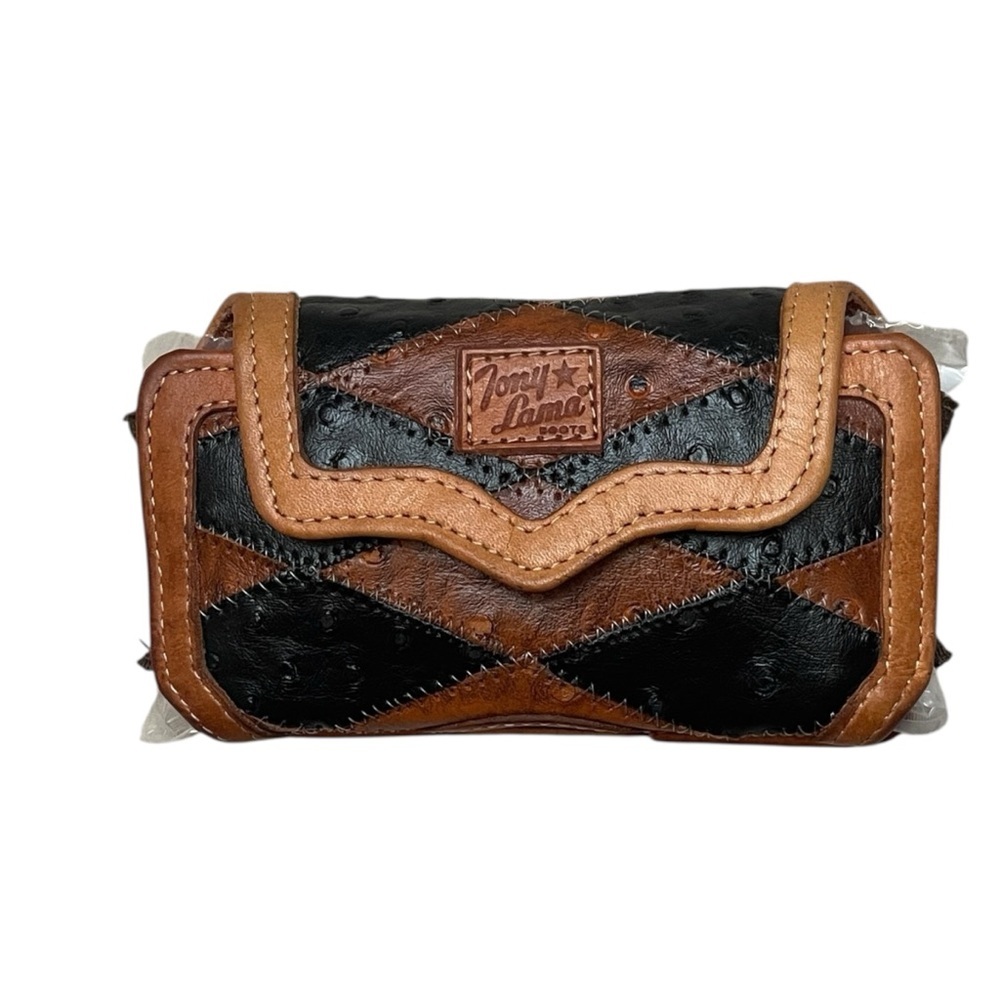 Vintage Tony Lama Y2K Cowboy Leather Patchwork Belt Clip Brown Ostrich Pouch